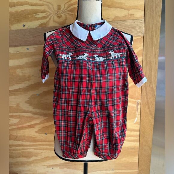 NWT Carriage Boutique Red Plaid Baby Romper with White Collar - Picture 1 of 5